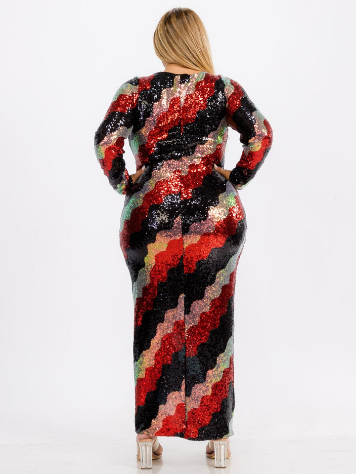 WOMEN'S LONG SLEEVE BODYCON COLORBLOCK SEQUINS MAXI DRESS