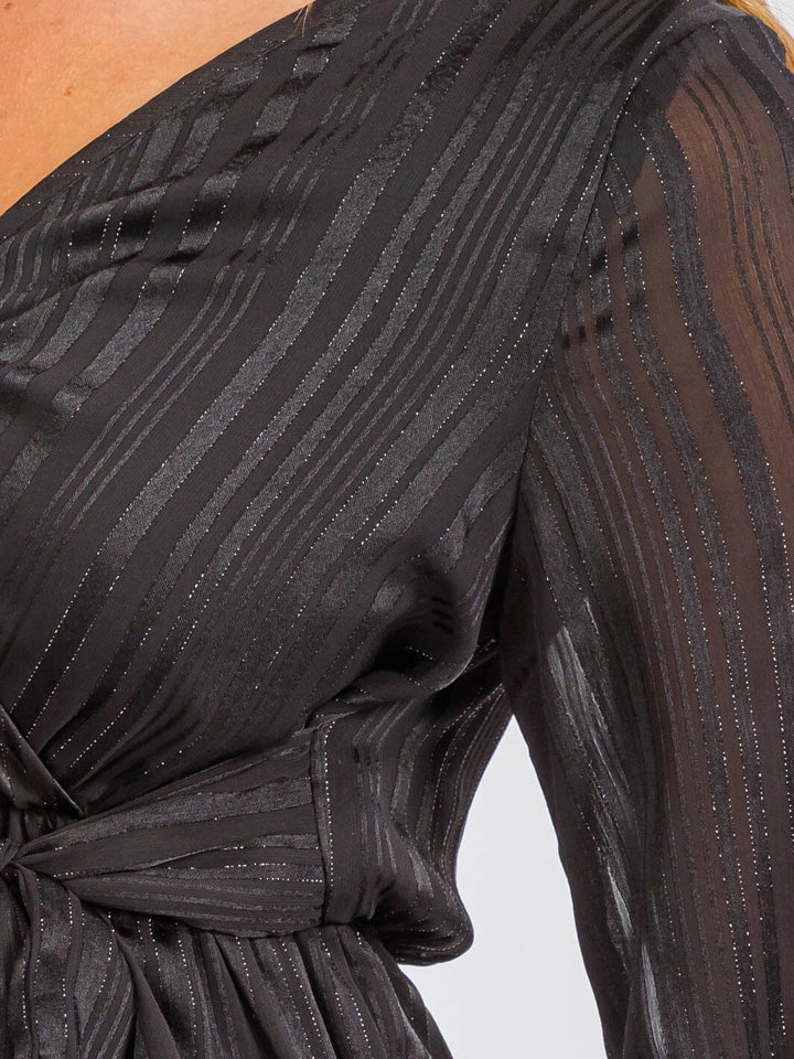 WOMEN'S LONG SLEEVE SURPLICE SELF TIE SHIMMER MAXI DRESS