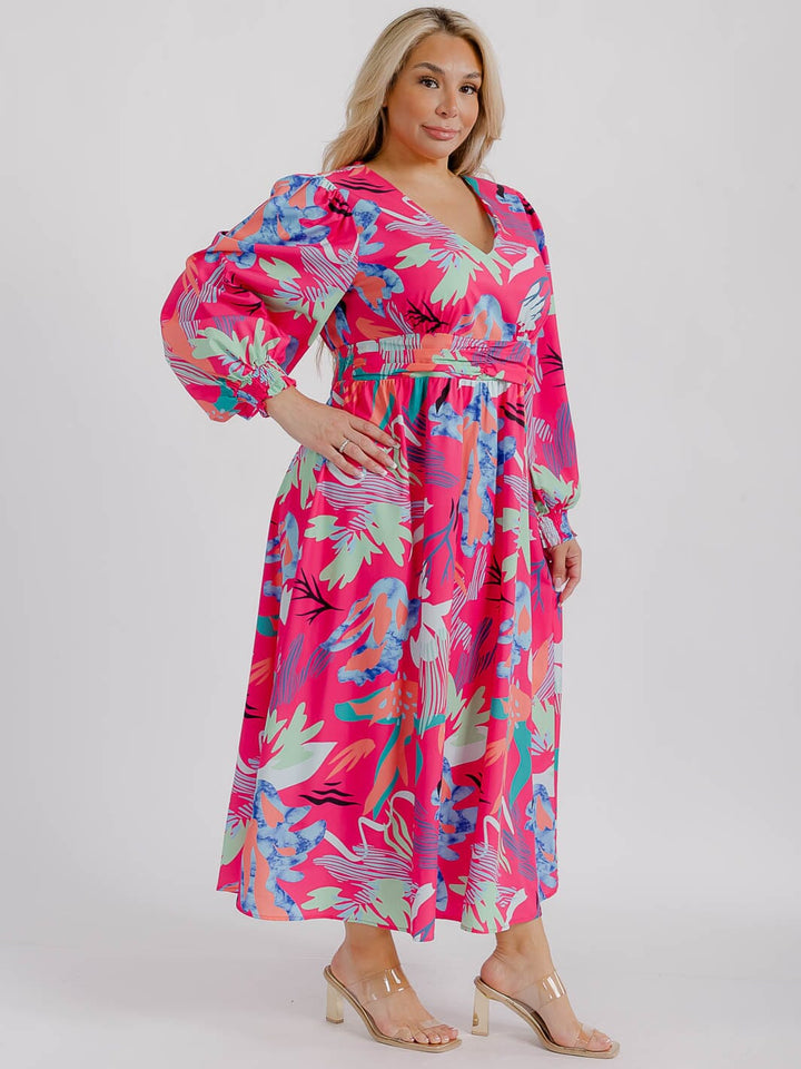 PLUS SIZE LONG SLEEVE V-NECK FLORAL MAXI DRESS