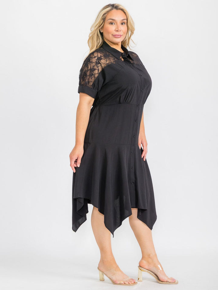 PLUS SIZE SHORT SLEEVE BUTTON CLOSURE LACE HIGH-LOW MIDI DRESS