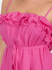 WOMEN'S SLEEVELESS SELF TIE FRONT POCKETS RUFFLE TRIM MINI DRESS