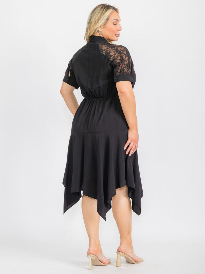 PLUS SIZE SHORT SLEEVE BUTTON CLOSURE LACE HIGH-LOW MIDI DRESS