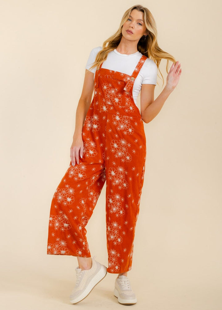WOMEN'S SLEEVELESS CORDUROY FRONT POCKETS WIDE LEG FLORAL OVERALL