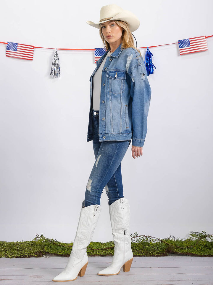 WOMEN'S LONG SLEEVE BUTTON CLOSURE FRONT POCKETS DISTRESS DENIM JACKET