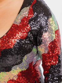 WOMEN'S LONG SLEEVE BODYCON COLORBLOCK SEQUINS MAXI DRESS