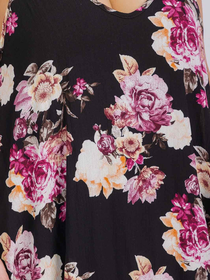 PLUS SIZE SLEEVELESS V-NECK FRONT POCKETS FLORAL MAXI DRESS