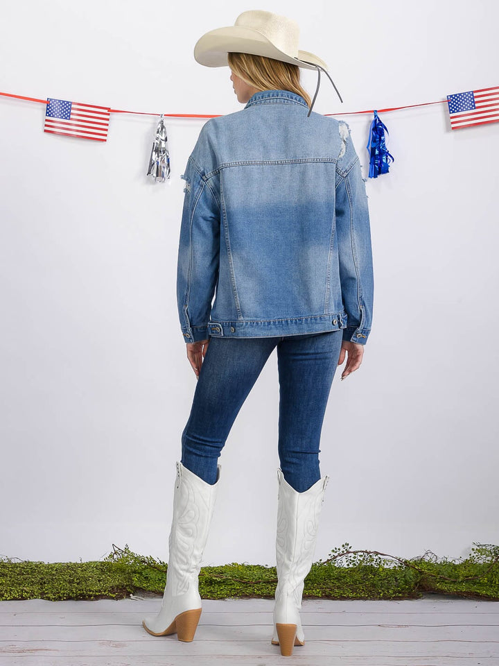WOMEN'S LONG SLEEVE BUTTON CLOSURE FRONT POCKETS DISTRESS DENIM JACKET