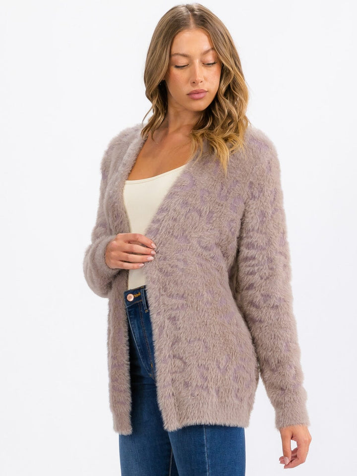WOMEN'S LONG SLEEVE OPEN FRONT ANIMAL PRINT FUZZY SWEATER CARDIGAN