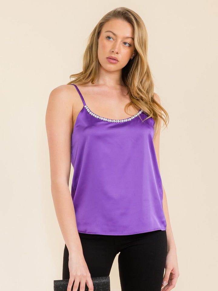 WOMEN'S SLEEVELESS PEARL TRIM DETAILED SATIN TANK TOP