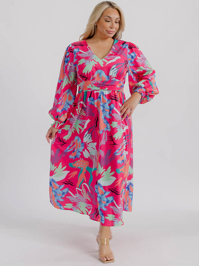 PLUS SIZE LONG SLEEVE V-NECK FLORAL MAXI DRESS