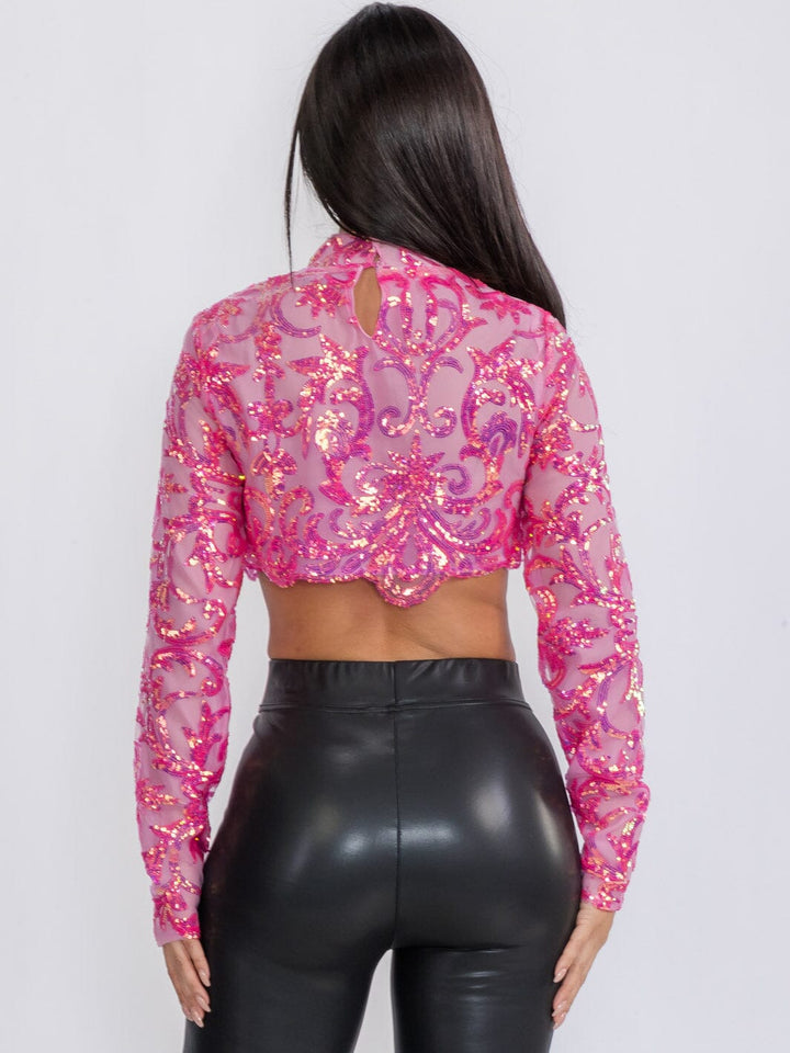 WOMEN'S LONG SLEEVE MOCK NECK SEQUINS CROP TOP