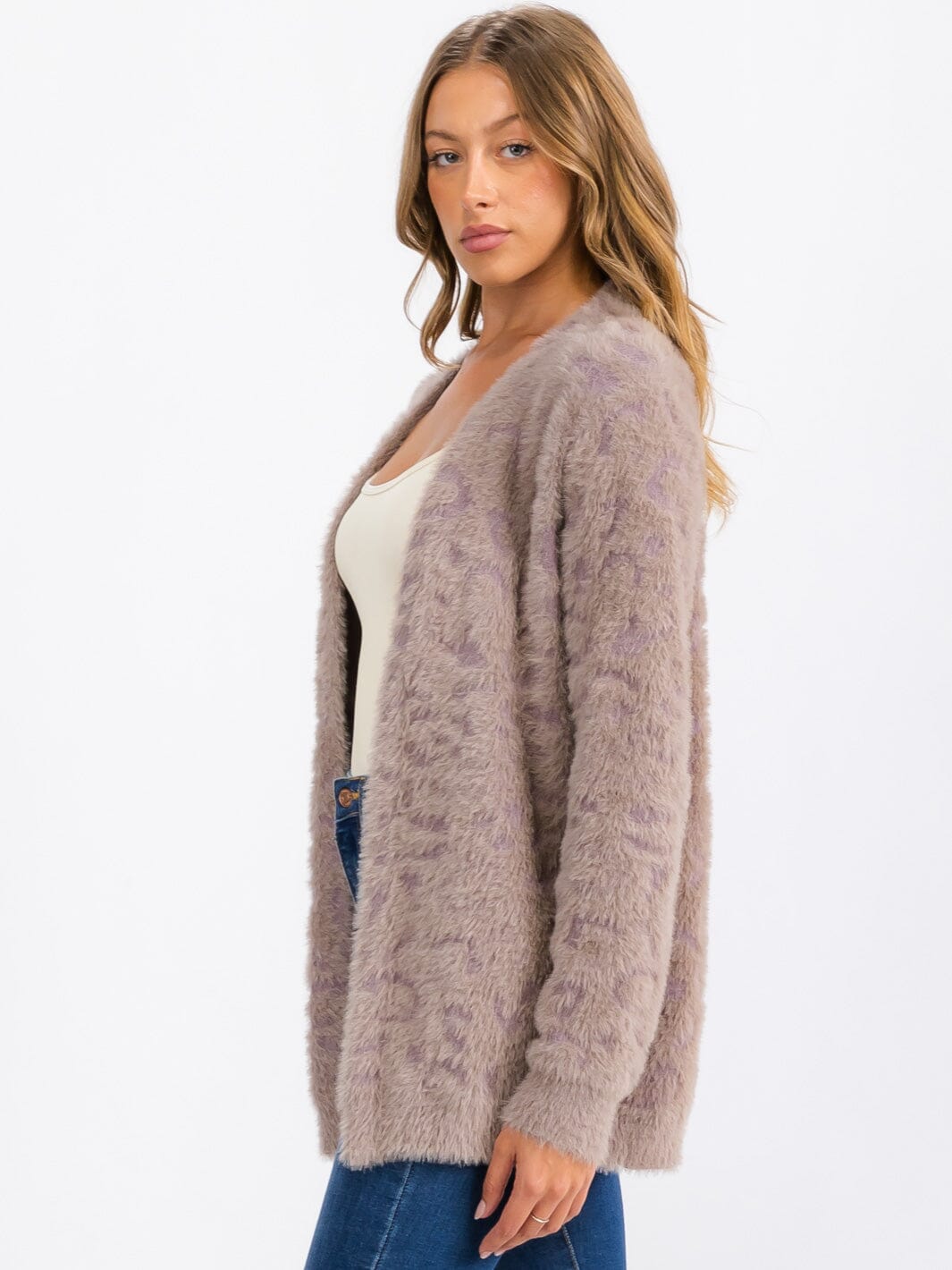 WOMEN'S LONG SLEEVE OPEN FRONT ANIMAL PRINT FUZZY SWEATER CARDIGAN