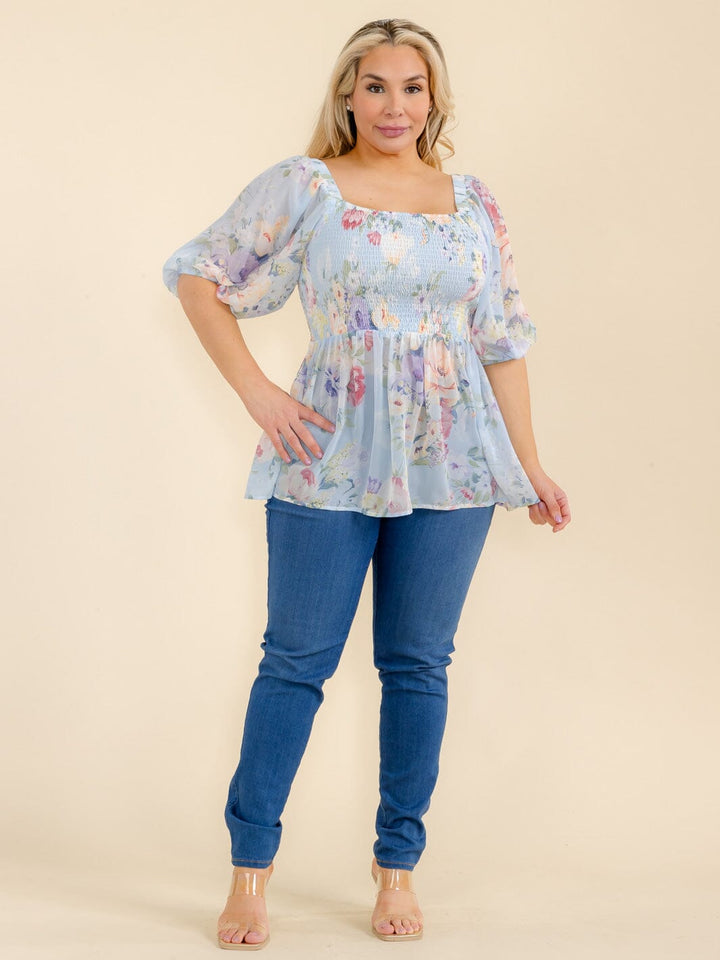 PLUS SIZE SHORT SLEEVE SQUARE NECK SMOCK FLORAL PEPLUM BLOUSE
