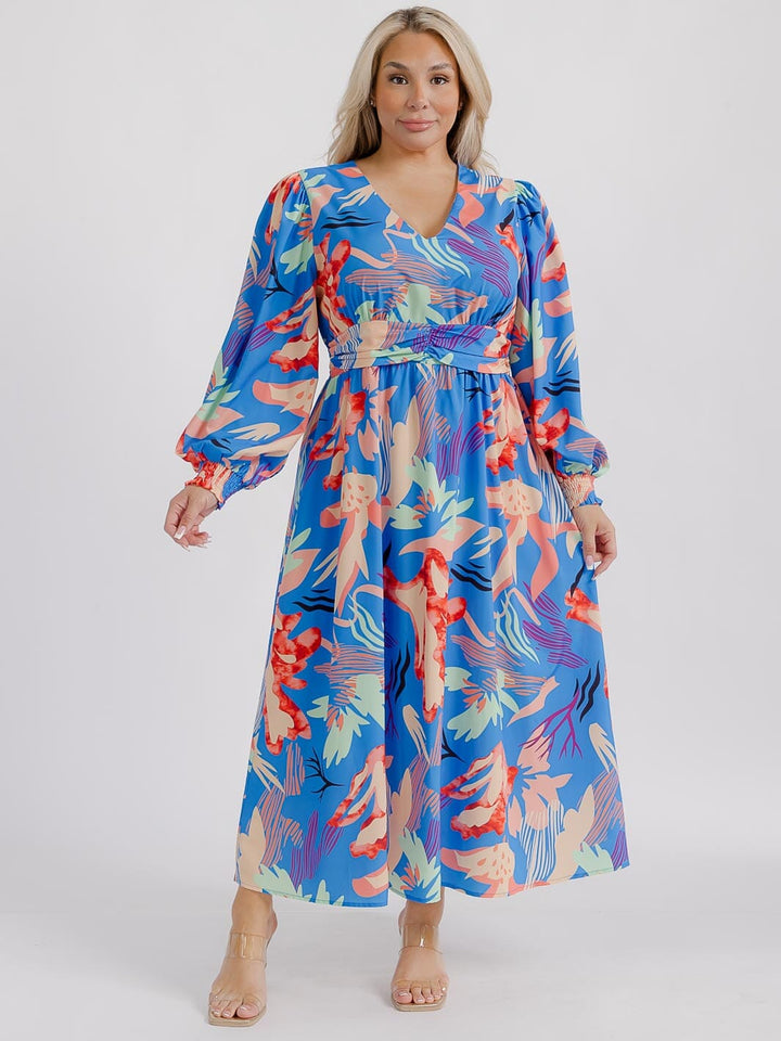 PLUS SIZE LONG SLEEVE V-NECK FLORAL MAXI DRESS