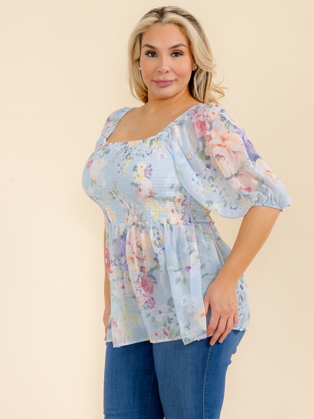 PLUS SIZE SHORT SLEEVE SQUARE NECK SMOCK FLORAL PEPLUM BLOUSE