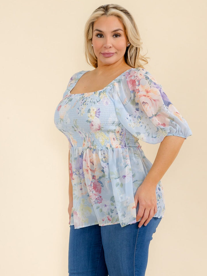 PLUS SIZE SHORT SLEEVE SQUARE NECK SMOCK FLORAL PEPLUM BLOUSE