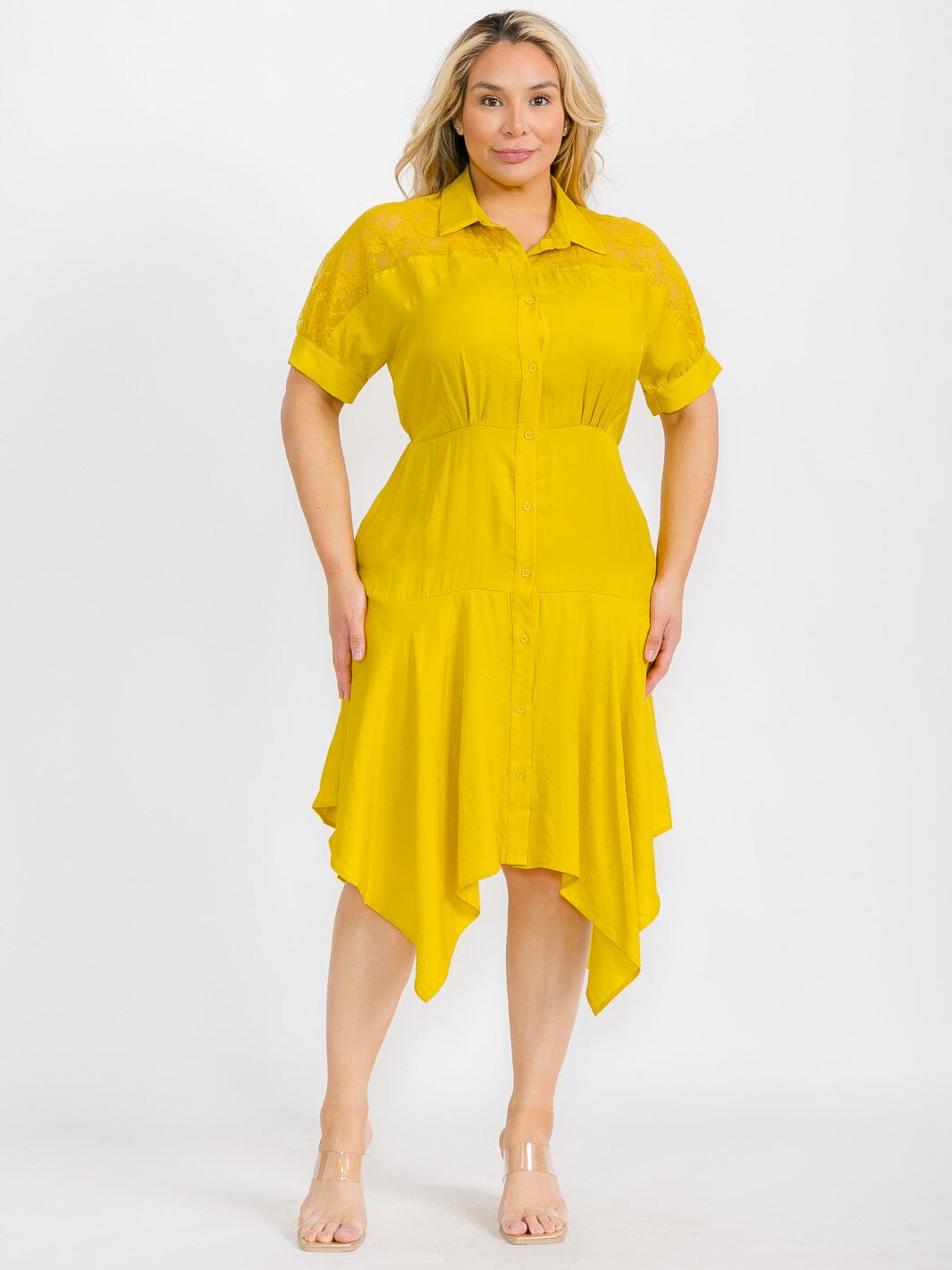 PLUS SIZE SHORT SLEEVE BUTTON CLOSURE LACE HIGH-LOW MIDI DRESS