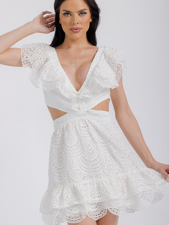WOMEN'S RUFFLE SLEEVES CUT OUT BACK TIE EYELET MINI DRESS
