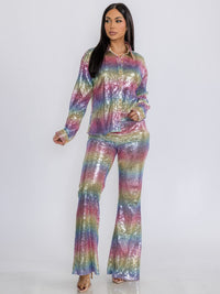 WOMEN'S LONG SLEEVE BLOUSE & BELL LEG PANTS SEQUINS COLORBLOCK 2PC. SET