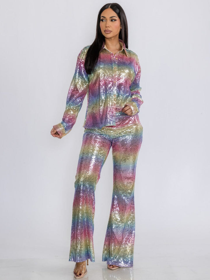 WOMEN'S LONG SLEEVE BLOUSE & BELL LEG PANTS SEQUINS COLORBLOCK 2PC. SET