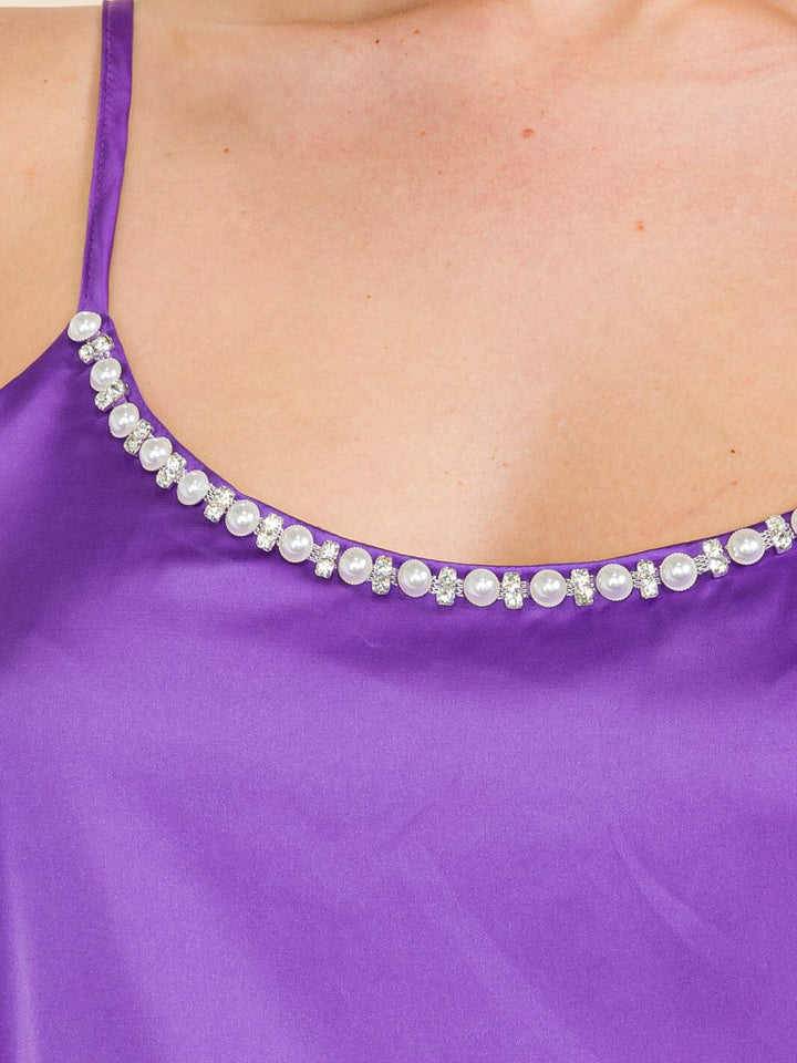 WOMEN'S SLEEVELESS PEARL TRIM DETAILED SATIN TANK TOP