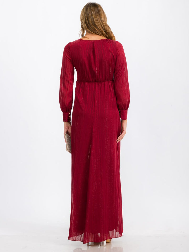 WOMEN'S LONG SLEEVE SURPLICE SELF TIE SHIMMER MAXI DRESS