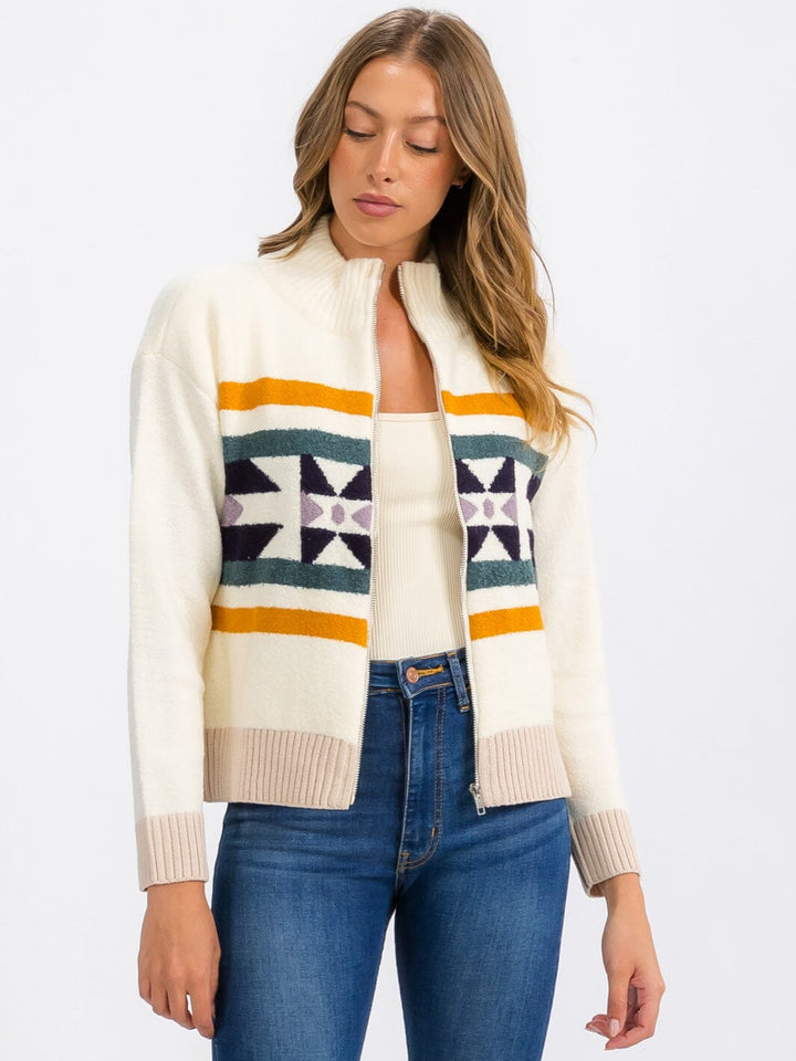 WOMEN'S LONG SLEEVE ZIP UP MULTI PRINT SWEATER CARDIGAN