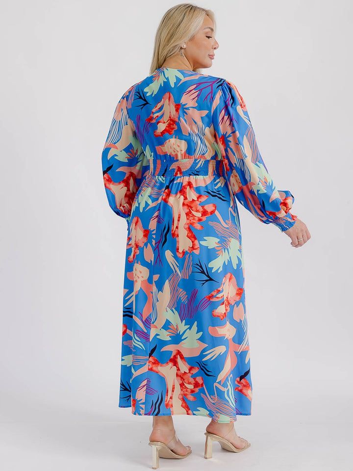 PLUS SIZE LONG SLEEVE V-NECK FLORAL MAXI DRESS