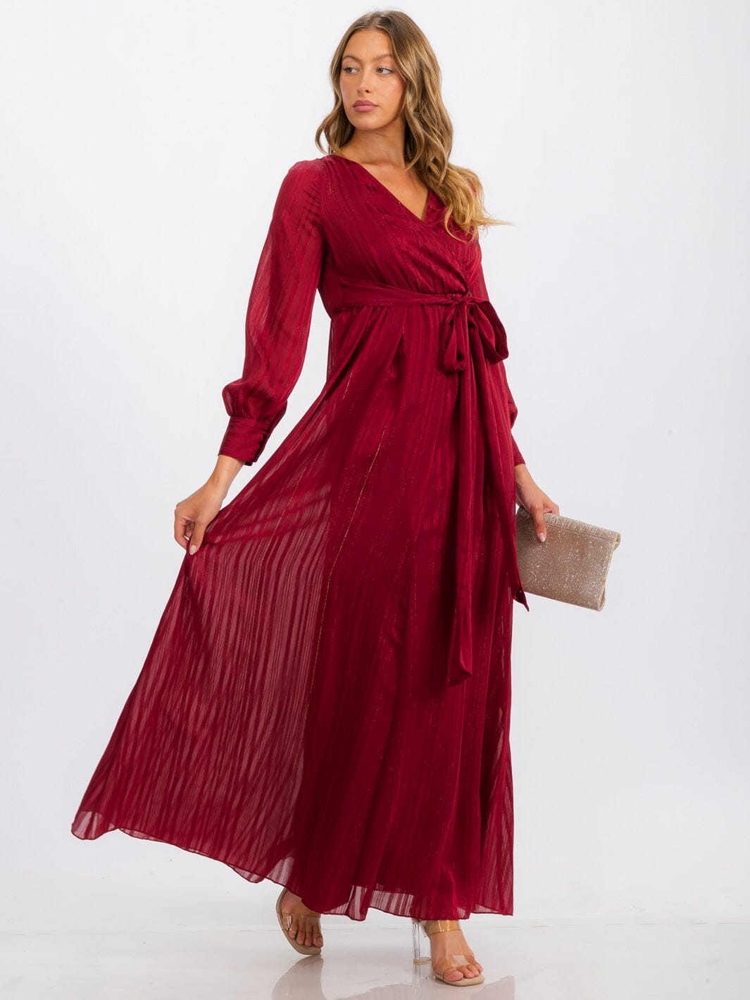 WOMEN'S LONG SLEEVE SURPLICE SELF TIE SHIMMER MAXI DRESS
