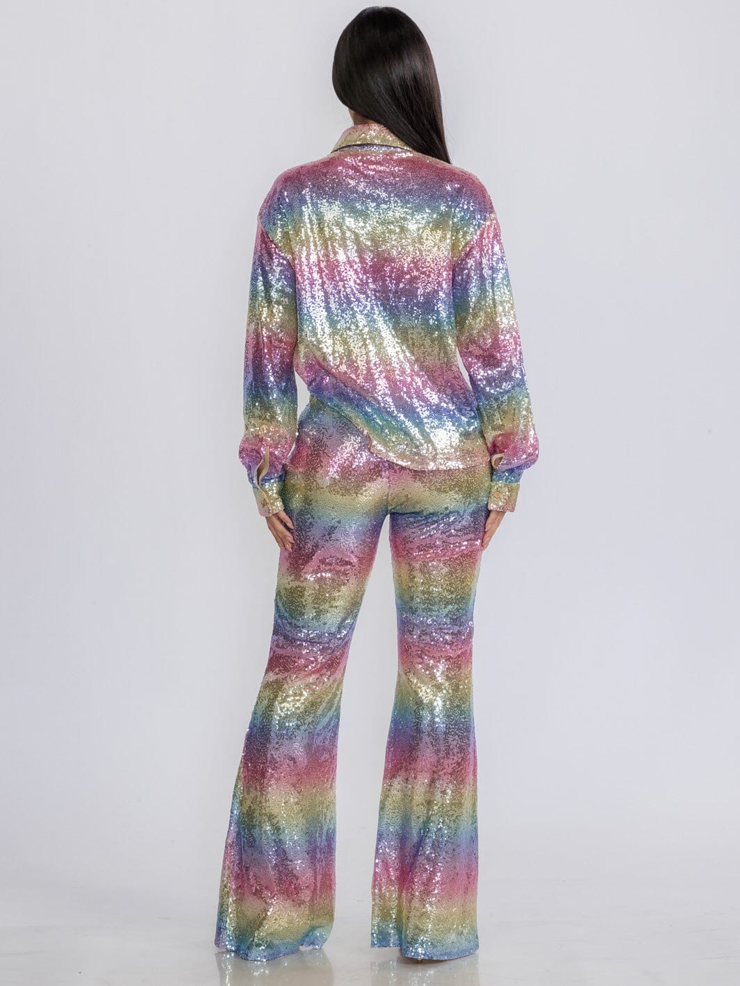 WOMEN'S LONG SLEEVE BLOUSE & BELL LEG PANTS SEQUINS COLORBLOCK 2PC. SET