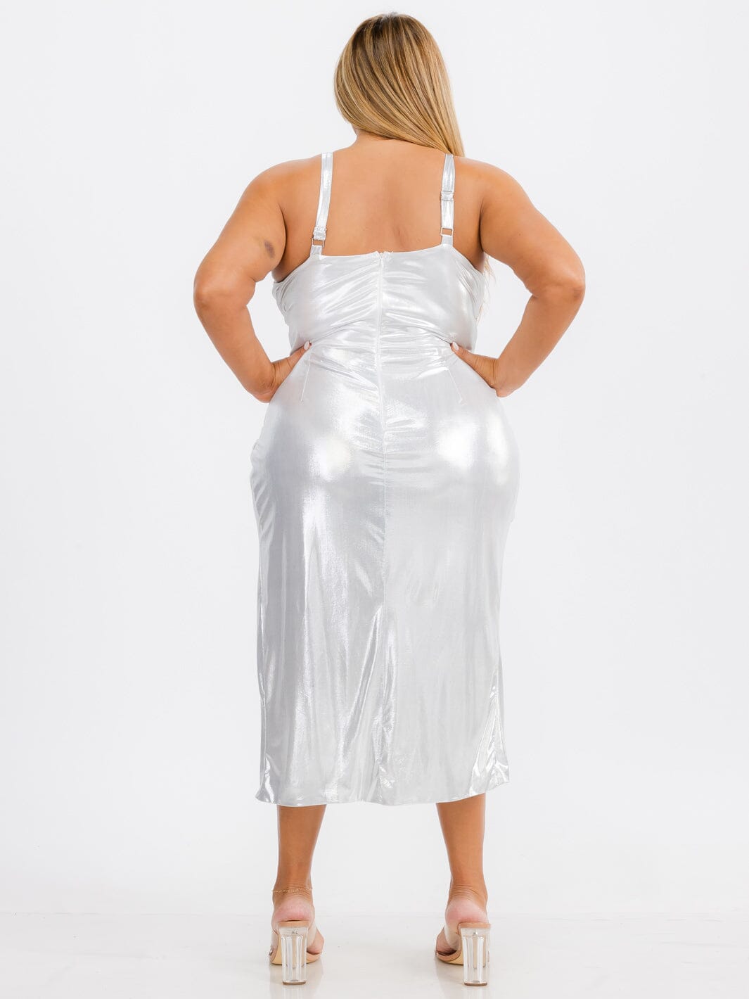 PLUS SIZE SLEEVELESS BODYCON V-NECK SURPLICE SHIMMER MIDI DRESS