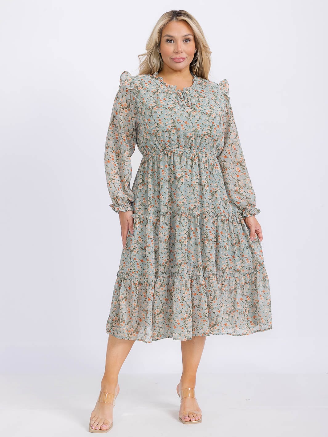 PLUS SIZE LONG SLEEVE FLORAL PRINT TIERED MAXI DRESS