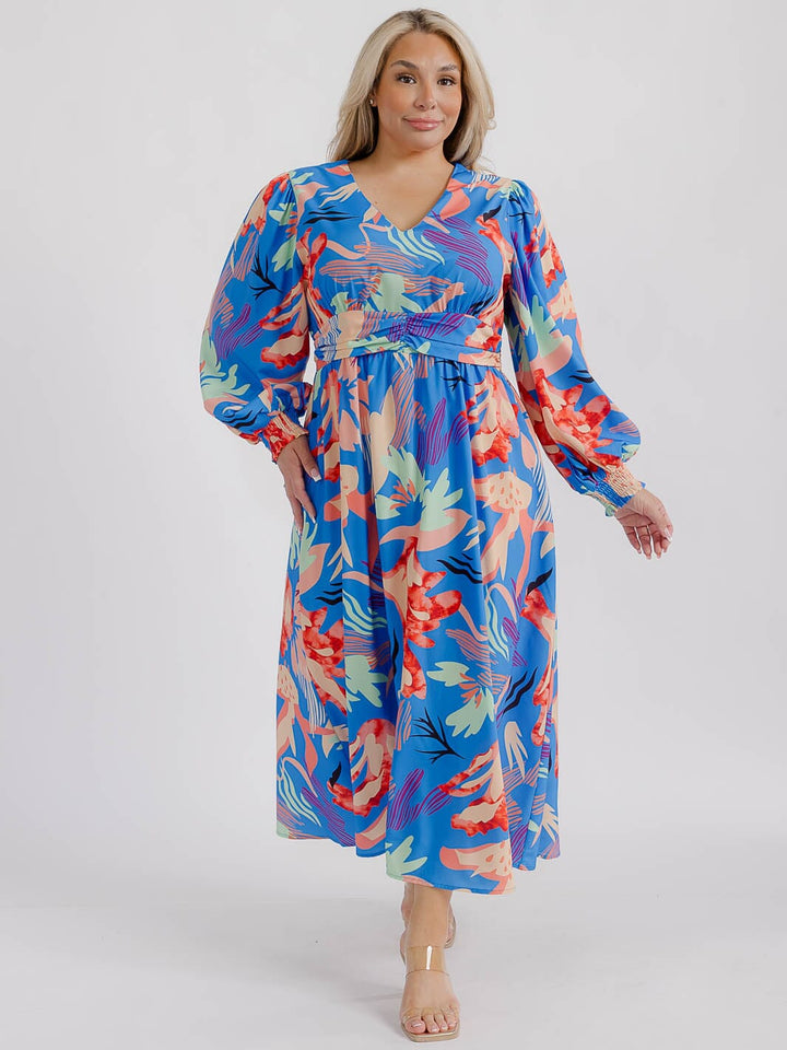 PLUS SIZE LONG SLEEVE V-NECK FLORAL MAXI DRESS