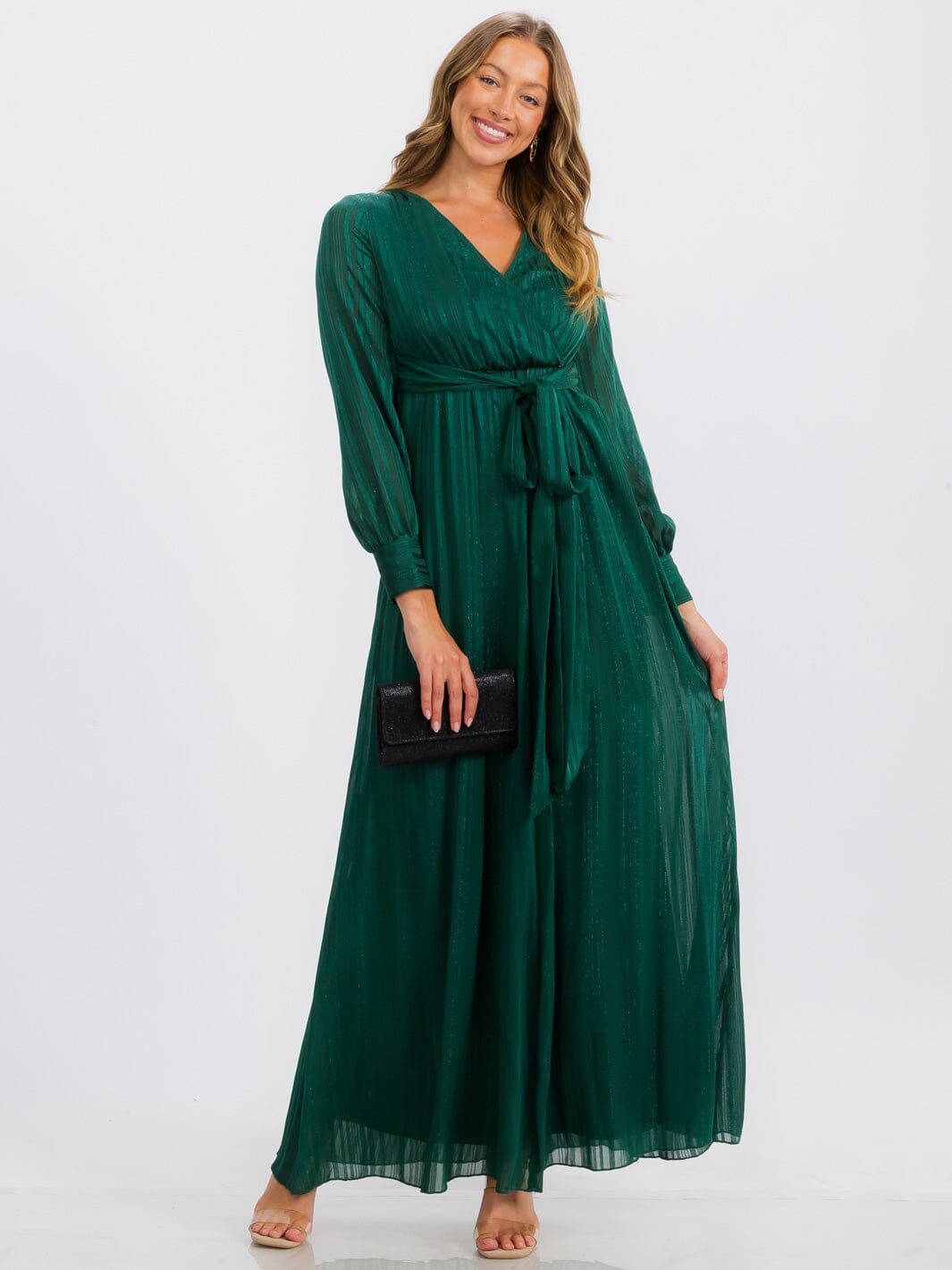WOMEN'S LONG SLEEVE SURPLICE SELF TIE SHIMMER MAXI DRESS