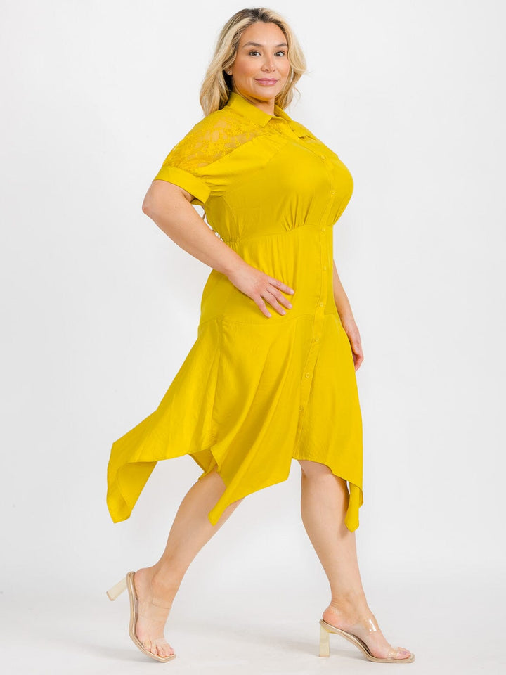 PLUS SIZE SHORT SLEEVE BUTTON CLOSURE LACE HIGH-LOW MIDI DRESS
