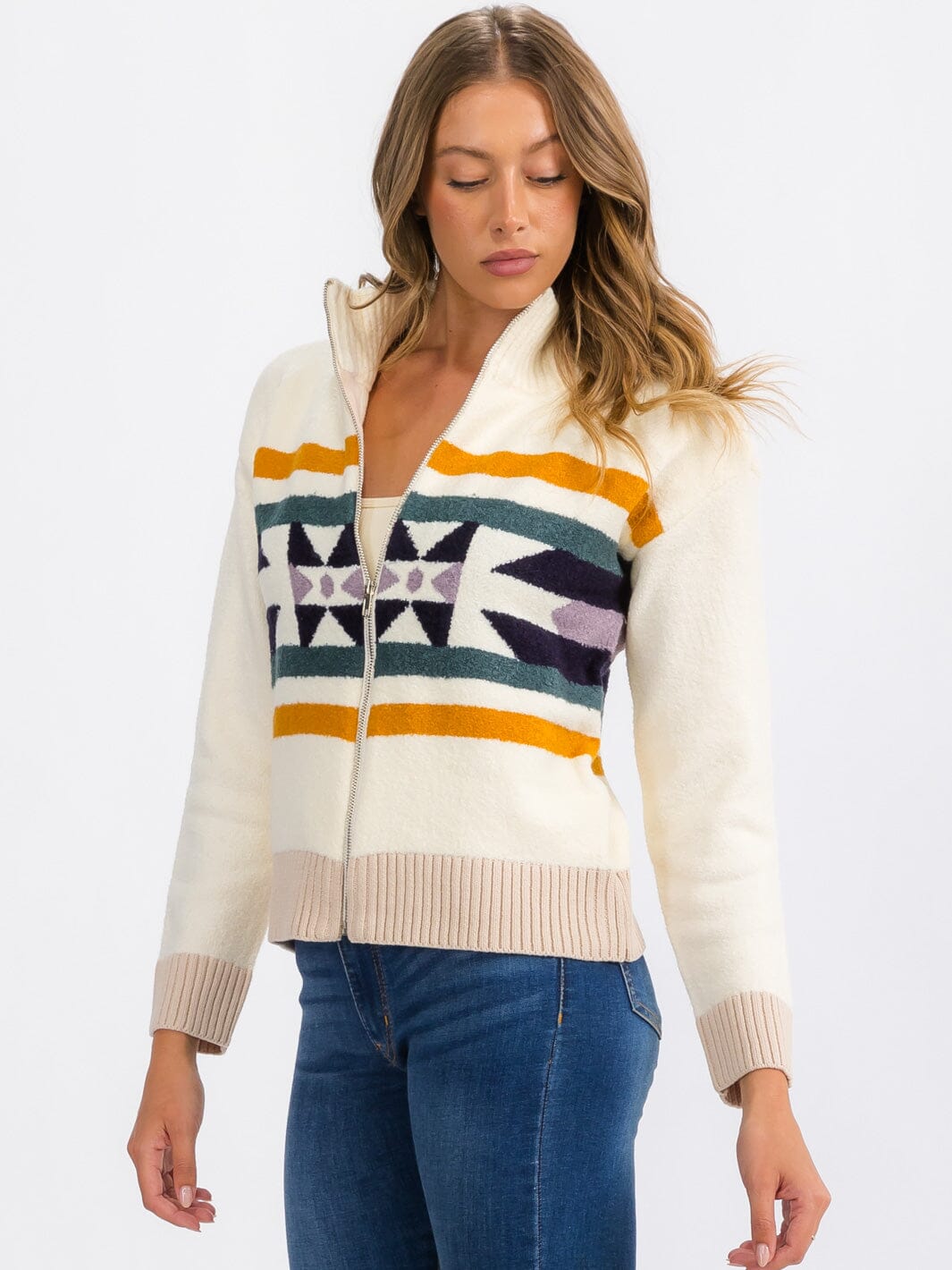 WOMEN'S LONG SLEEVE ZIP UP MULTI PRINT SWEATER CARDIGAN