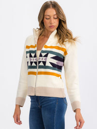 WOMEN'S LONG SLEEVE ZIP UP MULTI PRINT SWEATER CARDIGAN