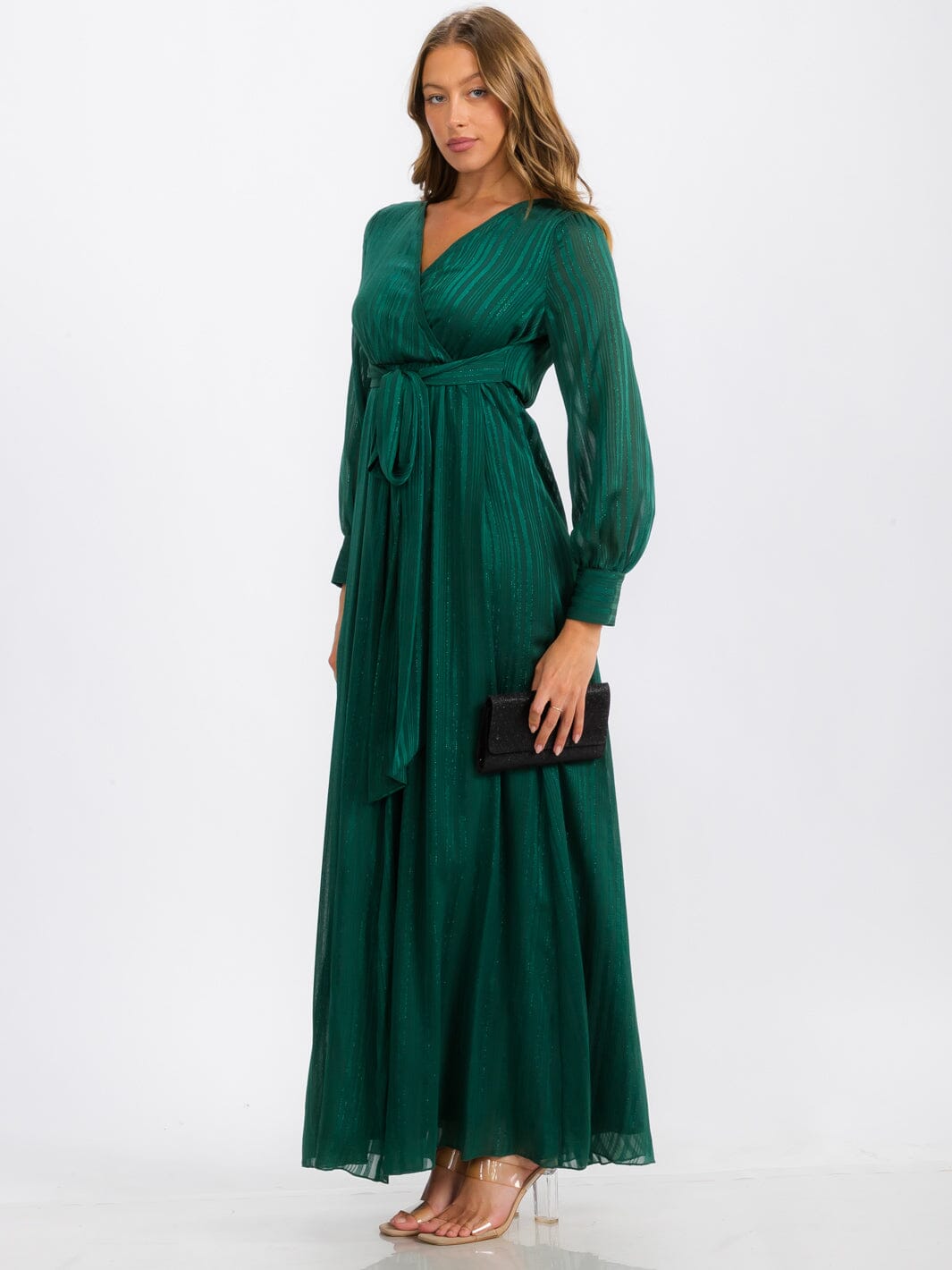 WOMEN'S LONG SLEEVE SURPLICE SELF TIE SHIMMER MAXI DRESS