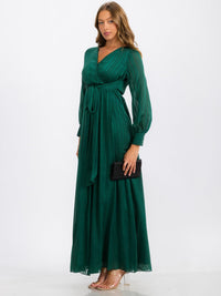 WOMEN'S LONG SLEEVE SURPLICE SELF TIE SHIMMER MAXI DRESS