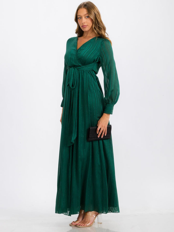 WOMEN'S LONG SLEEVE SURPLICE SELF TIE SHIMMER MAXI DRESS
