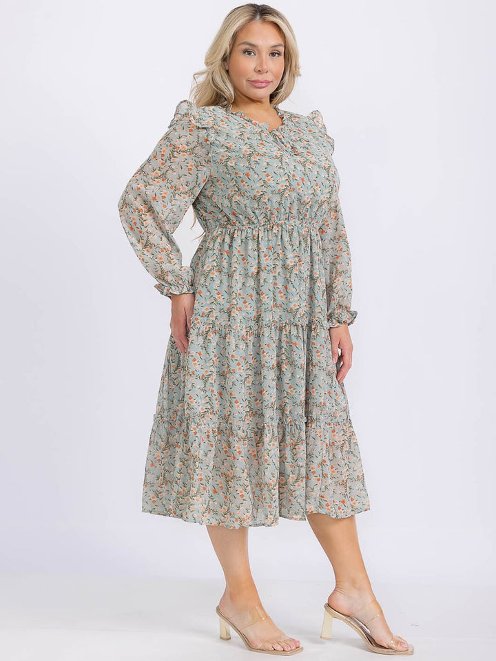 PLUS SIZE LONG SLEEVE FLORAL PRINT TIERED MAXI DRESS