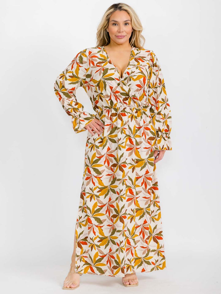 PLUS LONG SHORT SLEEVE V-NECK FLORAL MAXI DRESS