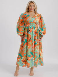 PLUS SIZE LONG SLEEVE V-NECK FLORAL MAXI DRESS