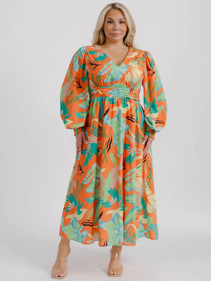 PLUS SIZE LONG SLEEVE V-NECK FLORAL MAXI DRESS