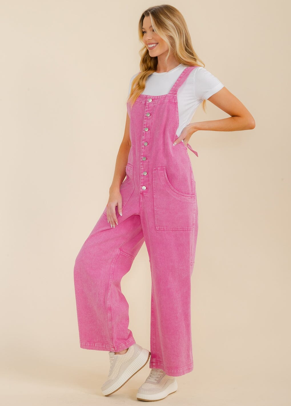WOMEN'S SLEEVELESS POCKETS BUTTON UP WIDE LEG DENIM JUMPSUIT