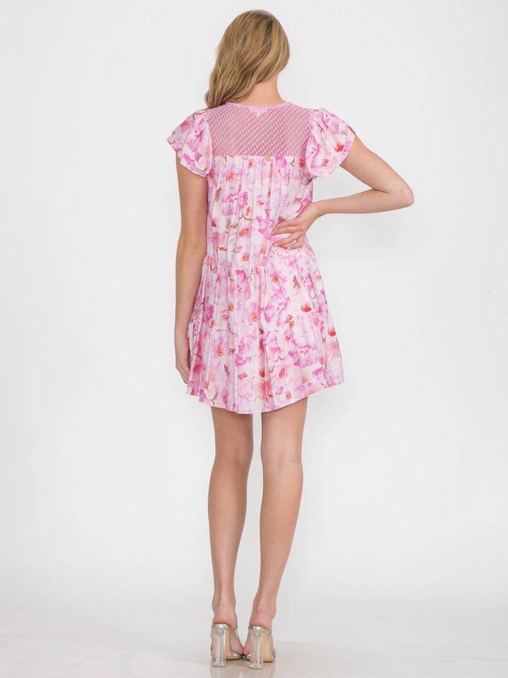 WOMEN'S RUFFLE SLEEVES BUTTON UP FRONT POCKETS TIERED FLORAL TUNIC MINI DRESS