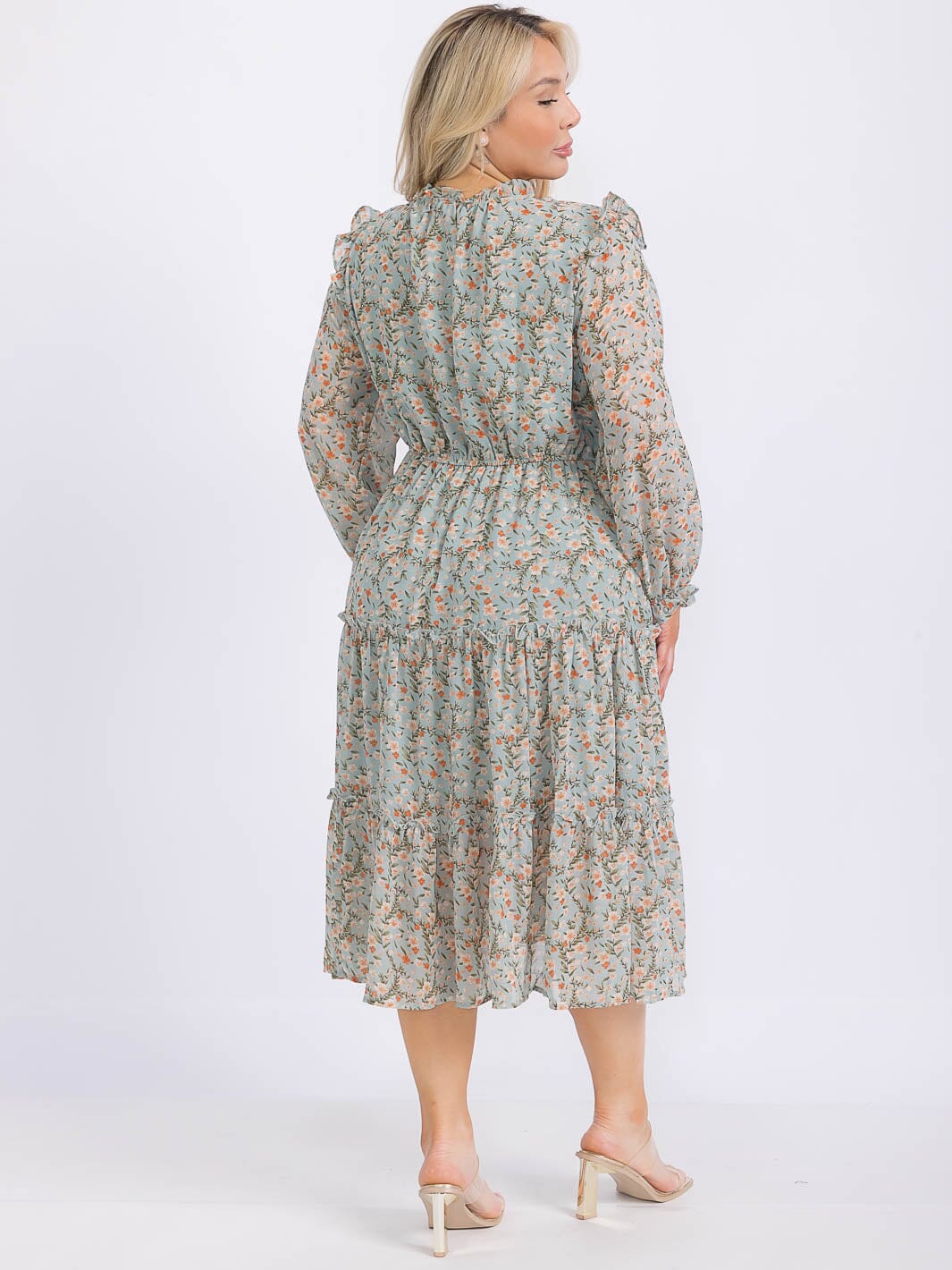 PLUS SIZE LONG SLEEVE FLORAL PRINT TIERED MAXI DRESS