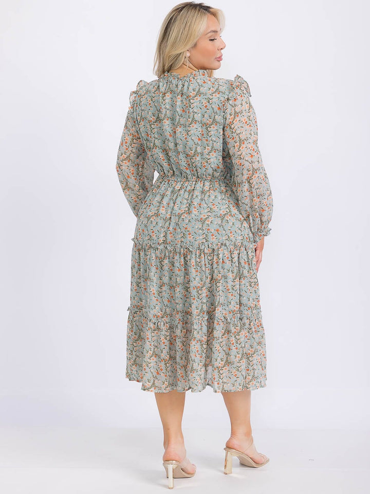 PLUS SIZE LONG SLEEVE FLORAL PRINT TIERED MAXI DRESS