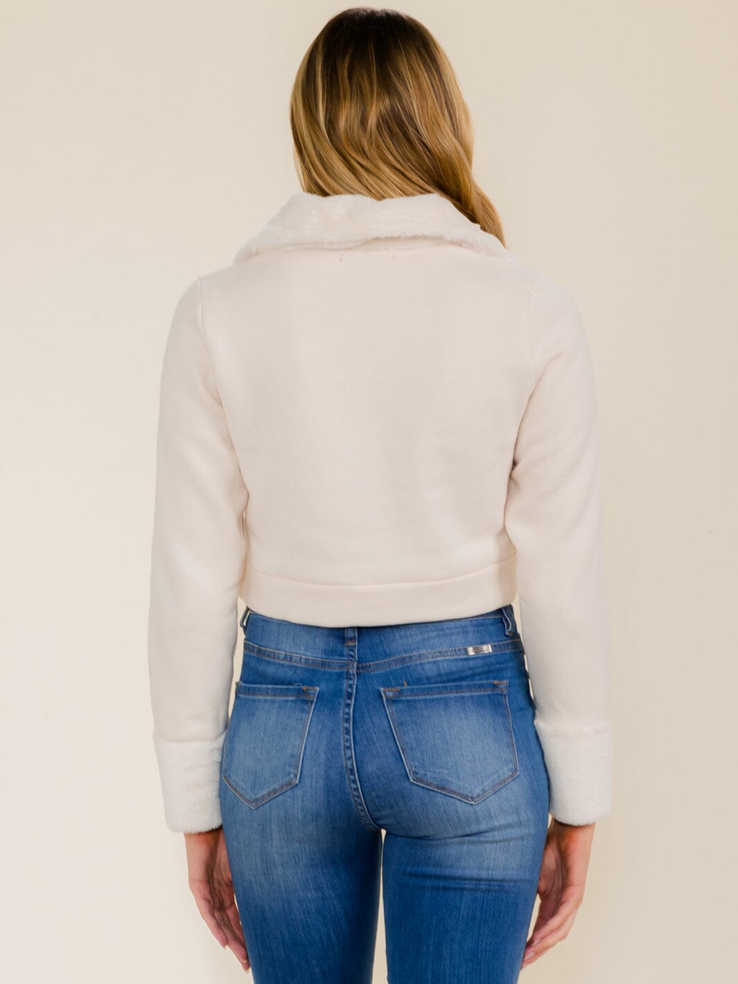 WOMEN'S LONG SLEEVE ZIP UP SHERPA DETAILED CROP SWEATER