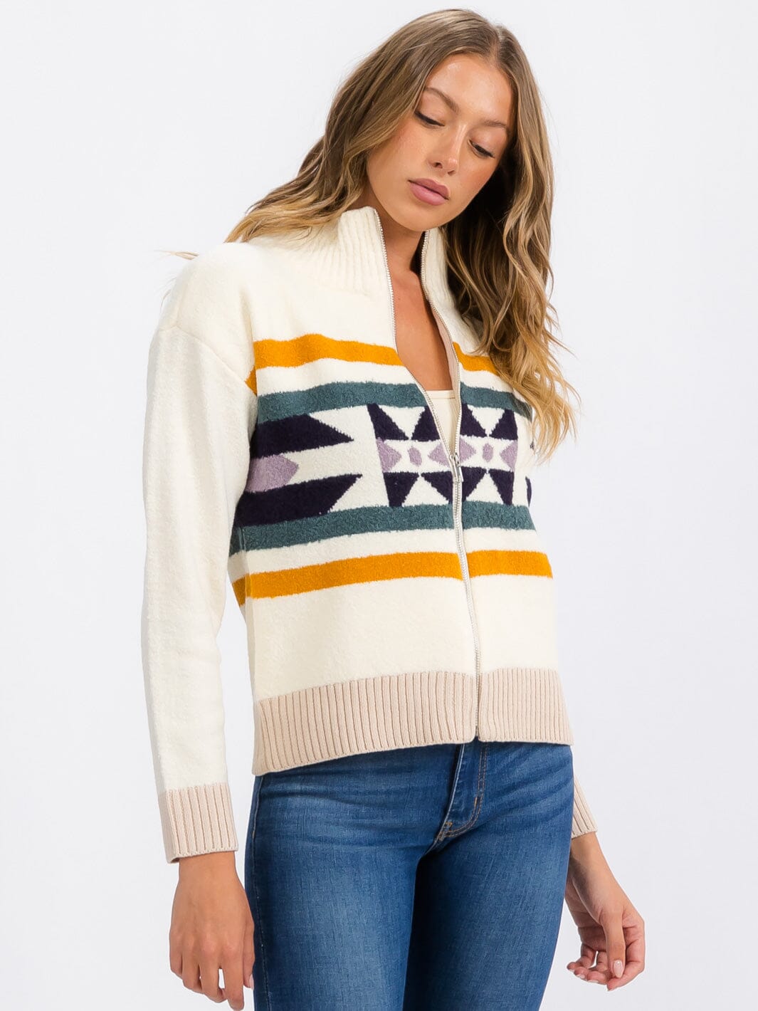 WOMEN'S LONG SLEEVE ZIP UP MULTI PRINT SWEATER CARDIGAN